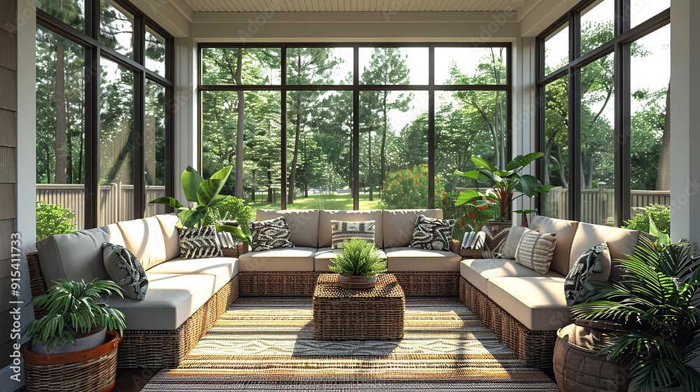 Sunlit Patio with Wicker Furniture and Lush Greenery Sunlit Patio with Wicker Furniture and Lush Greenery