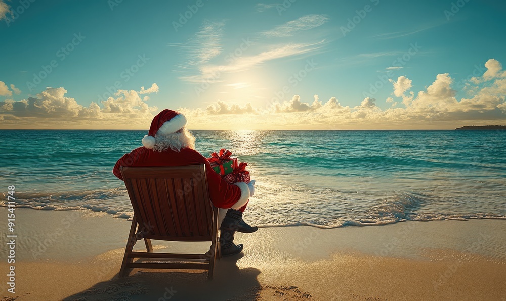 Santa Claus in traditional red clothing sits in deck chair on the beach, looking at sunset at empty ocean shore. Christmas, New Year celebration post card, template.