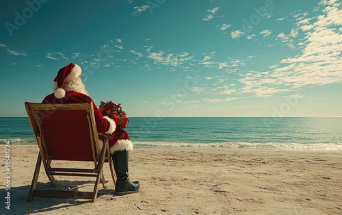 Obraz na płótnie Santa Claus in sits in deck chair on the beach holding gift box and looking at landscape with clear ocean and empty shore. Christmas, New Year celebration post card, template. w salonie