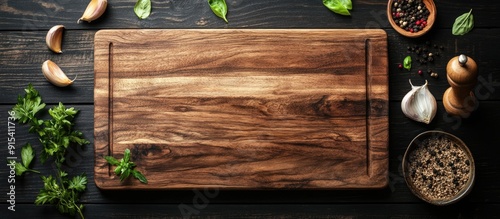 Prepare a meal Create a mock up for a menu or recipe Wooden cutting board positioned next to ingredients on a dark wooden background top view. with copy space image. Place for adding text or design photo