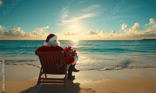 Obraz na płótnie Santa Claus in traditional red clothing sits in deck chair on the beach, looking at sunset at empty ocean shore. Christmas, New Year celebration post card, template. w salonie