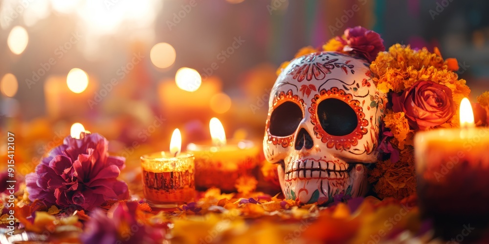 Colorful background with flowers and a sugar skull. Celebration Dia De Los Muertos. Festive banner Colorful background with flowers and a sugar skull. Celebration Dia De Los Muertos. Festive banner