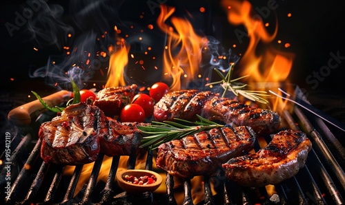 barbeque grilled meat with fire meat smoke oil and charcoal Generate AI