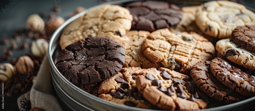 Cookies in a metal tin against a dark gray background Close up Macro. with copy space image. Place for adding text or design Cookies in a metal tin against a dark gray background Close up Macro. with copy space image. Place for adding text or design