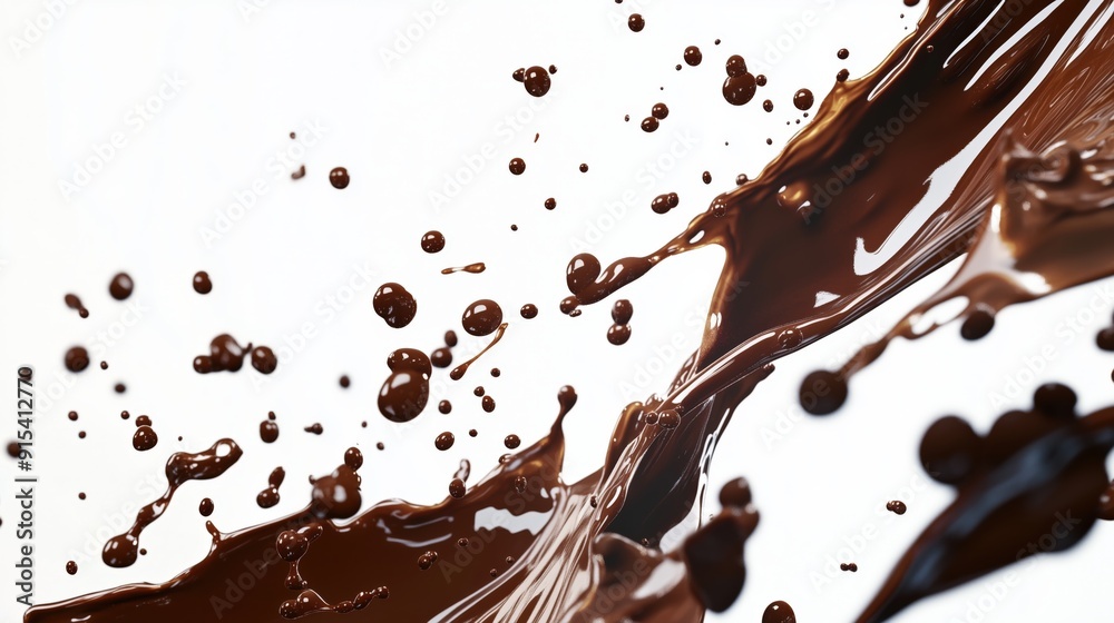 Chocolate Splash with Droplets Against White Background Chocolate Splash with Droplets Against White Background