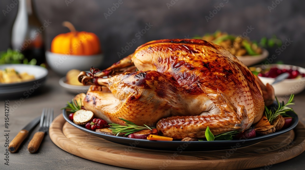 Thanksgiving dinner table with a roasted turkey, Seasonal annual festive, family gathering Thanksgiving dinner table with a roasted turkey, Seasonal annual festive, family gathering