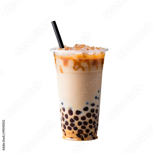 Boba Tea,  A Taiwanese tea-based drink with chewy tapioca pearls, in beautiful container, popular beverage, photograph, 4k, single object, isolated on white background.