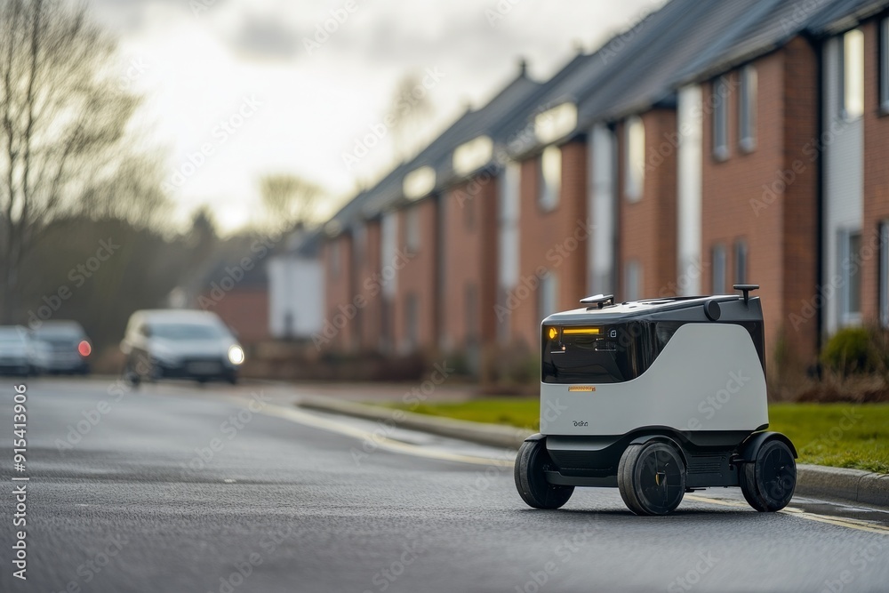 A grocery delivery robot delivering goods in housing area. A grocery delivery robot delivering goods in housing area.