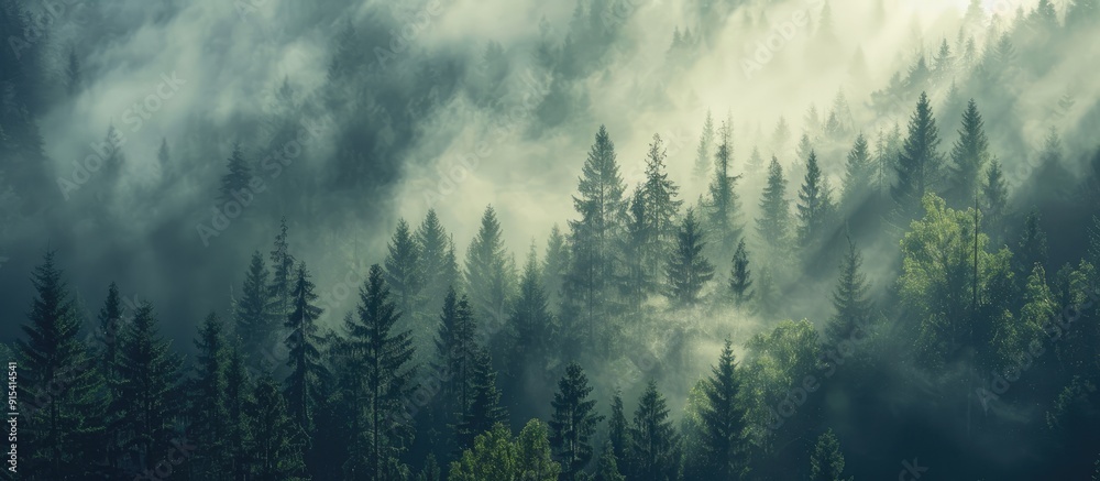 Pine forest enveloped in thick fog. with copy space image. Place for adding text or design Pine forest enveloped in thick fog. with copy space image. Place for adding text or design