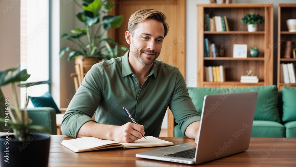 Man Working on Laptop and Taking Notes Man Working on Laptop and Taking Notes