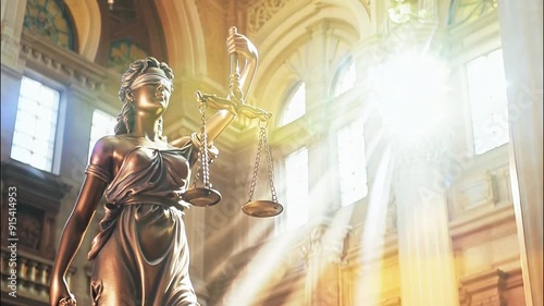 Full length statue of Lady Justice in the rays of the sun against the backdrop of the courtroom with copy space