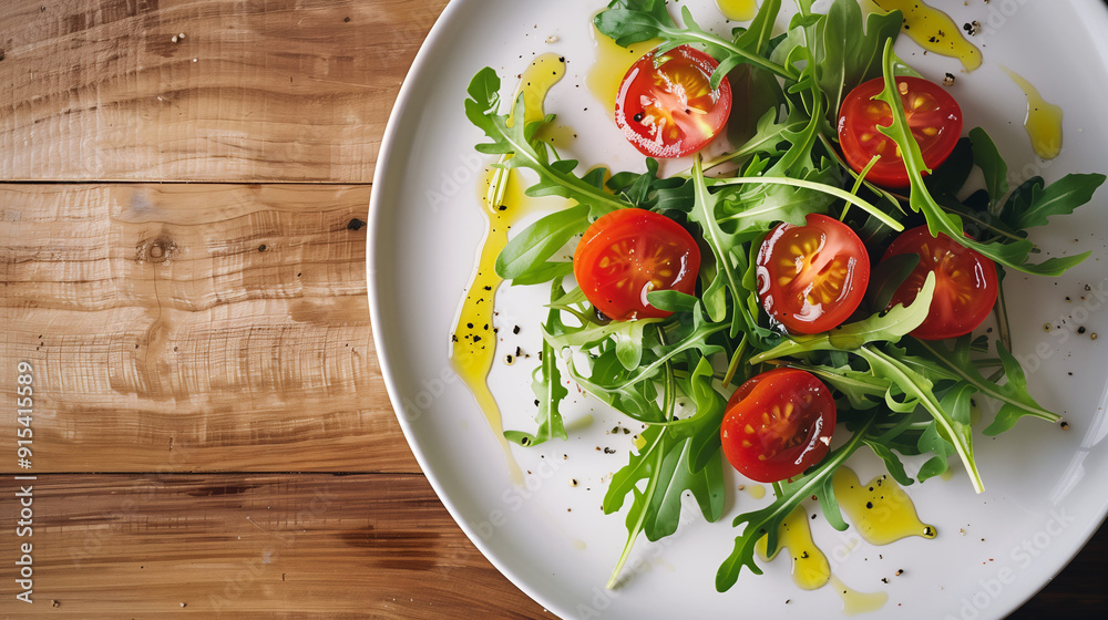 a minimalist salad, featuring a few arugula leaves, cherry tomato halves, and a drizzle of olive oil, on a simple white plate against a wooden table a minimalist salad, featuring a few arugula leaves, cherry tomato halves, and a drizzle of olive oil, on a simple white plate against a wooden table