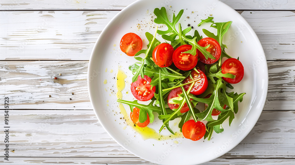 a minimalist salad, featuring a few arugula leaves, cherry tomato halves, and a drizzle of olive oil, on a simple white plate against a wooden table a minimalist salad, featuring a few arugula leaves, cherry tomato halves, and a drizzle of olive oil, on a simple white plate against a wooden table