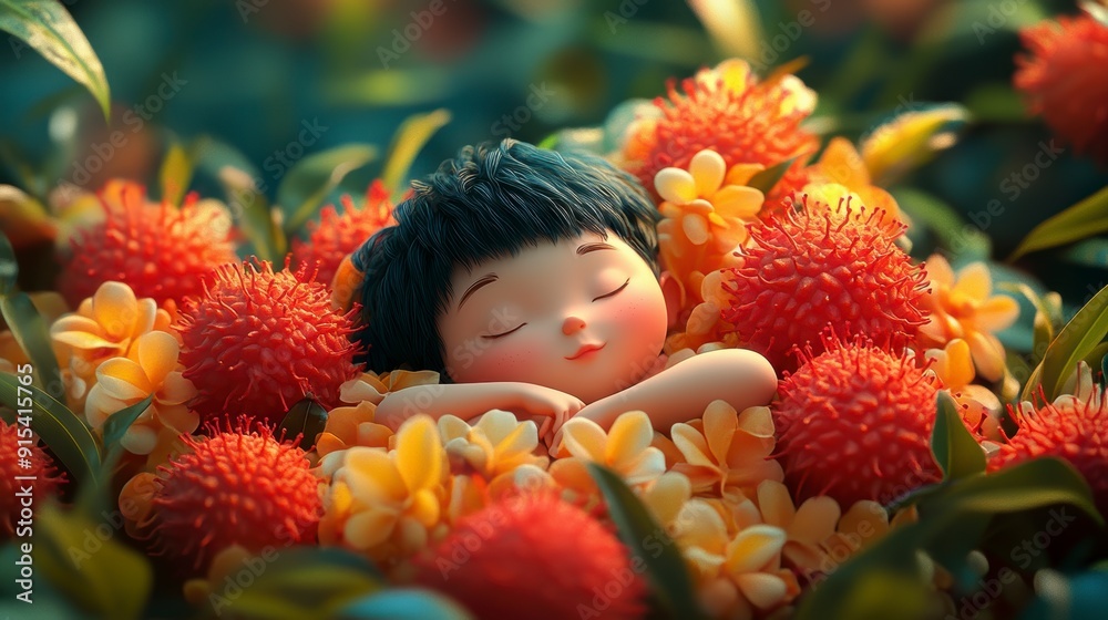 Cartoon child sleeping on vegetables and fruits Cartoon child sleeping on vegetables and fruits