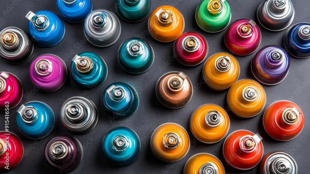 Assorted spray paint cans arranged on a dark gray background. Assorted spray paint cans arranged on a dark gray background.