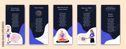 Booklet about bipolar disorder, depression, paranoia, and dissociation. Mental health. Template. Psychology.Mental Health. Girl during meditation practice. Mindfulness and Self-Care. Vector.