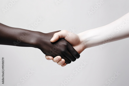 Black and white skinned people hands handshaking. concept of diversity, equality, unity and love. AI generated