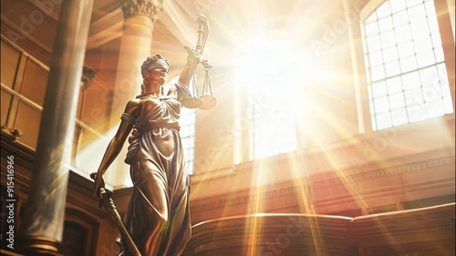 Full length statue of Lady Justice in the rays of the sun against the backdrop of the courtroom with copy space