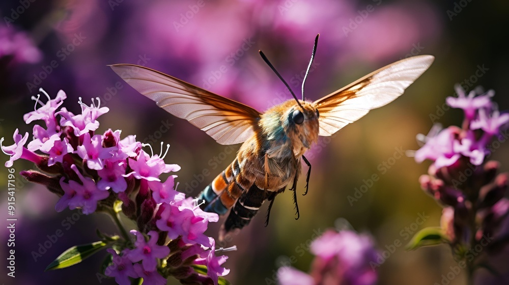 A hummingbird moth is seen feeding on a colorful flower. A hummingbird moth is seen feeding on a colorful flower.
