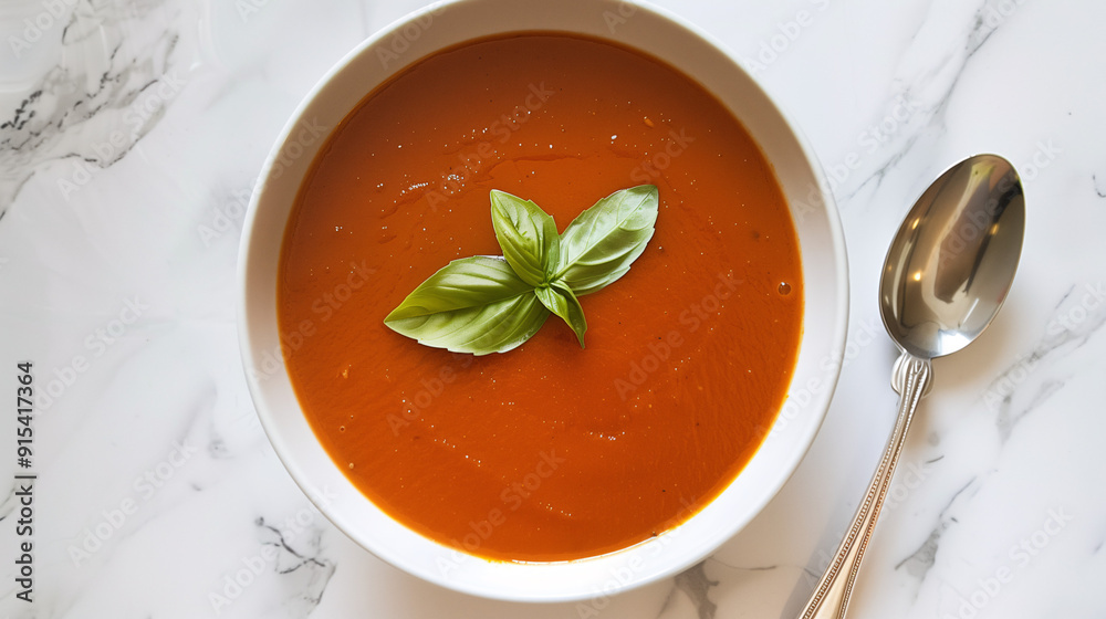 a simple bowl of creamy tomato soup, garnished with a single basil leaf, placed on a white marble surface with a silver spoon beside it a simple bowl of creamy tomato soup, garnished with a single basil leaf, placed on a white marble surface with a silver spoon beside it