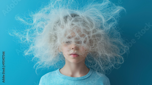 Young person with static hair standing against a blue background, emphasizing a humorous and electrifying effect.