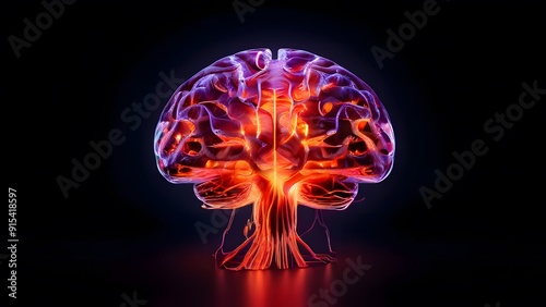  A glowing brain illuminated in the dark, showcasing intricate neural pathways and vibrant colors. 