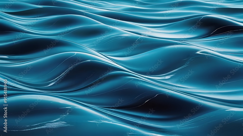 a blue background with wavy lines and waves in the water, with a black background and a white border.