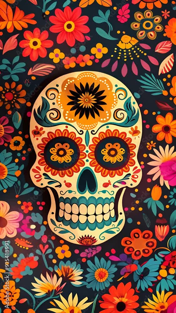 Sugar skull surrounded by colorful flowers celebrating day of the dead