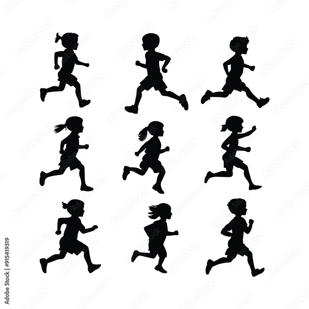 Silhouettes of a running children vector illustration, silhouettes of a running children vector illustration, Little children running silhouette vector illustration