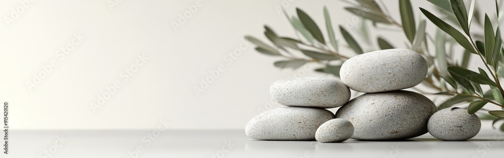 Tranquil Scene with Sage Twig and Smooth Pebbles on Sand Tranquil Scene with Sage Twig and Smooth Pebbles on Sand