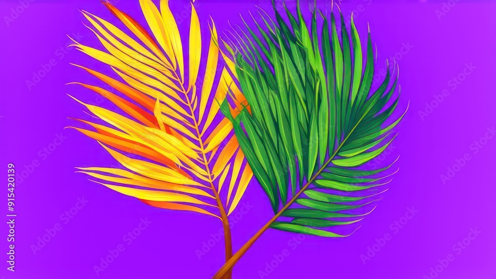 multi-colored palm leaves on the light background with space for text in the center multi-colored palm leaves on the light background with space for text in the center