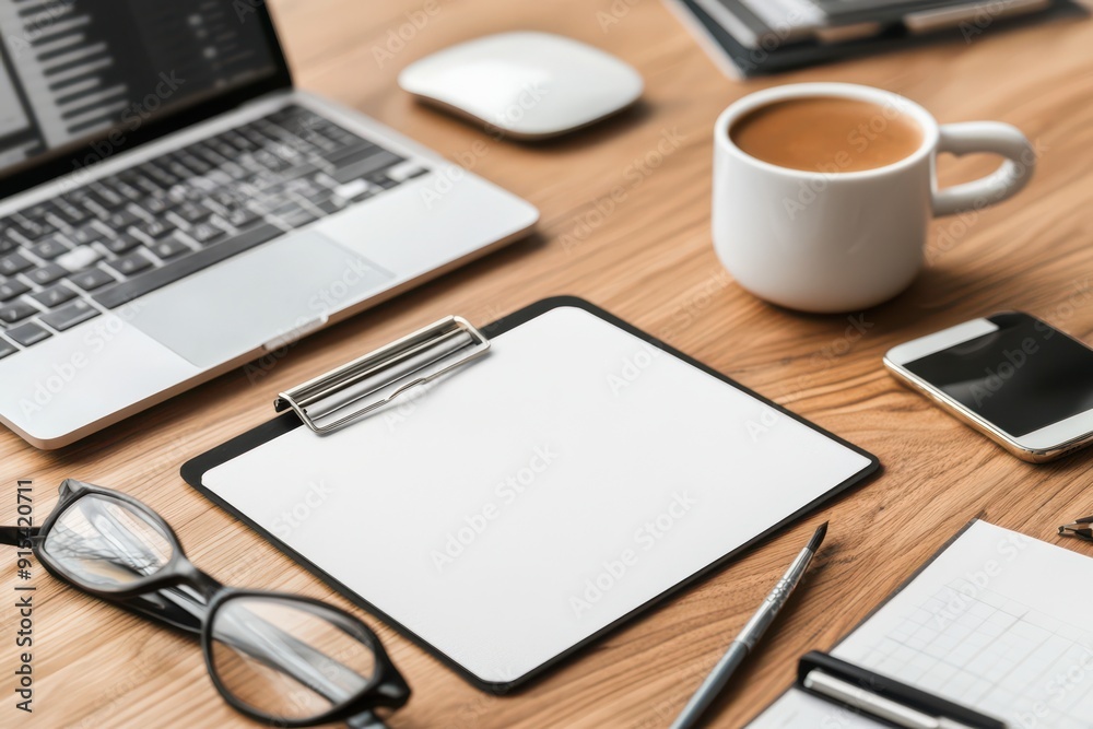 A clean, organized workspace featuring a laptop, a clipboard with a blank sheet, a cup of coffee, a smartphone, and a pair of glasses, all arranged neatly on a wooden desk. A clean, organized workspace featuring a laptop, a clipboard with a blank sheet, a cup of coffee, a smartphone, and a pair of glasses, all arranged neatly on a wooden desk.
