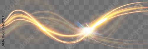Light wave,shiny gold lines.Color glowing design element.Wavy bright stripes.Vector illustration.	
