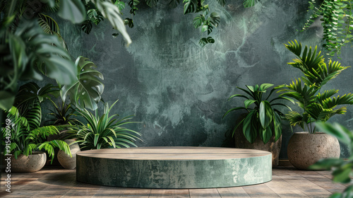 Home product background, A contemporary blank presentation podium is set before a wall of various house plants. The setting is cozy and inviting, with soft green hues and subtle