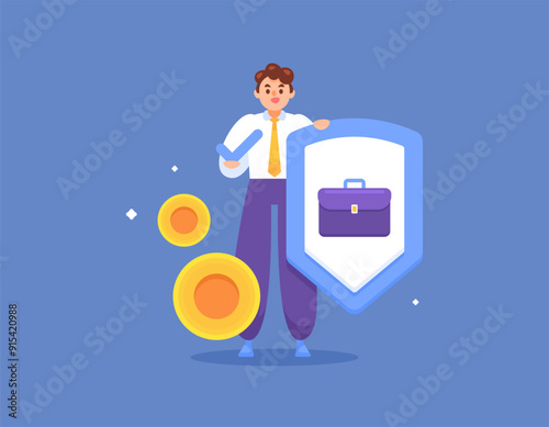 employment insurance concept. protection for employees against various risks of loss. compensation for workers. illustration of male worker with shield and coins. flat style design. graphic elements