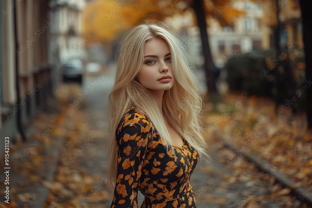 portrait of a girl in autumn street 