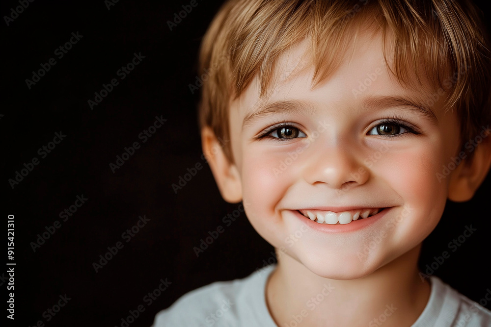 Smiling young boy with light brown hair and bright eyes wearing a white shirt against a dark background Smiling young boy with light brown hair and bright eyes wearing a white shirt against a dark background