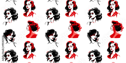 Women`s hairsyle fashion black-red stencils silhouette pattern on white background photo