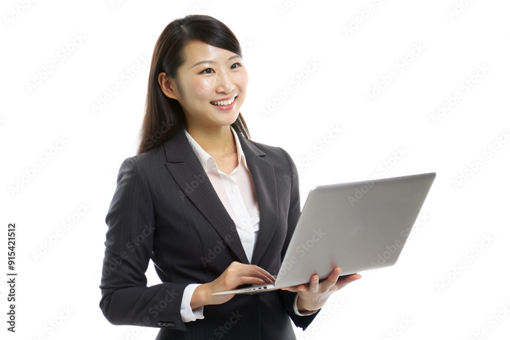 Smiling young asian businesswoman standing with laptop computer over white background, looking away, isolated on white background. Generative AI. Smiling young asian businesswoman standing with laptop computer over white background, looking away, isolated on white background. Generative AI.