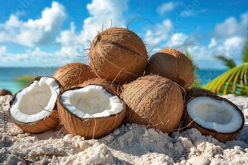 Coconuts on the sandy beach against the background of the sea. photo