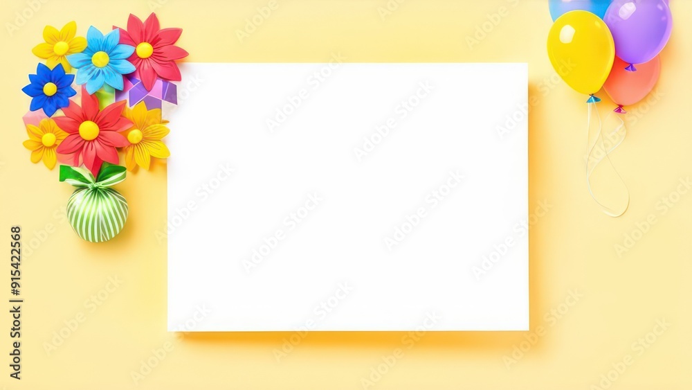 Greeting card with colorful balloons, flowers and gifts Greeting card with colorful balloons, flowers and gifts