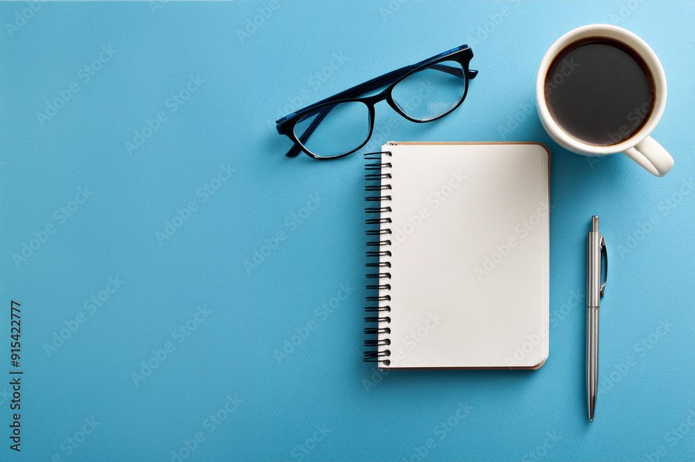 Notepad, pen, pencil, glasses and a cup of coffee on a blue background. Copy space. Notepad, pen, pencil, glasses and a cup of coffee on a blue background. Copy space.