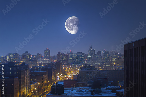 City skyline at night with a partial moon eclipse illuminating the sky photo