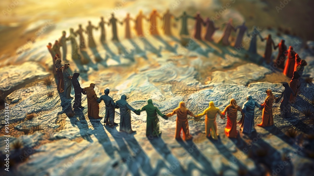 realistic shot of the saudi employees linked together in a circular ...