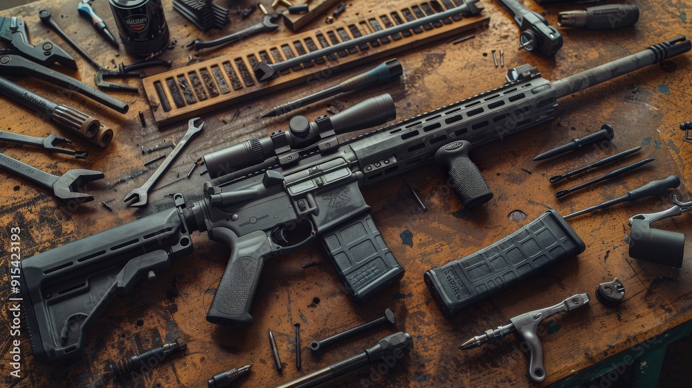 Black Rifle with Scope and Tools on Wooden Table Black Rifle with Scope and Tools on Wooden Table