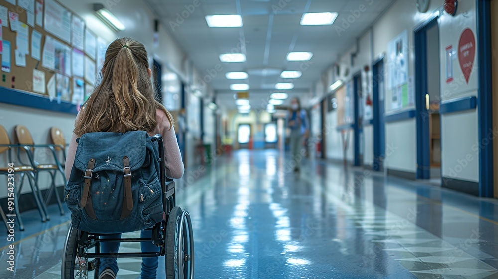 A girl in a wheelchair in an empty school hallway. A girl in a wheelchair in an empty school hallway.