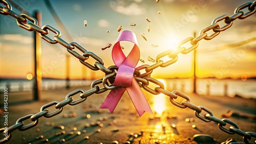 Pink ribbon breaks free from a chain, symbolizing hope and strength.