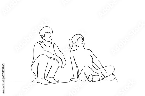 man and woman sitting on the floor looking in one direction - one line art vector. concept couple watching tv together or students on the grass
