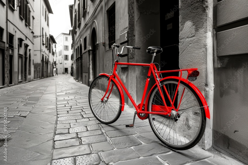 Red Bicycle on Cobblestone Street in Old Italian City Red Bicycle on Cobblestone Street in Old Italian City