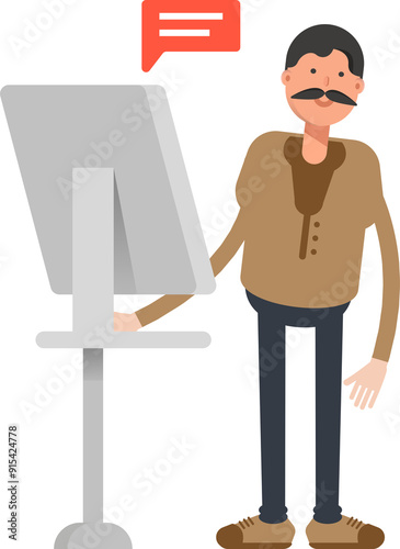 Old Man Character Working on Computer 